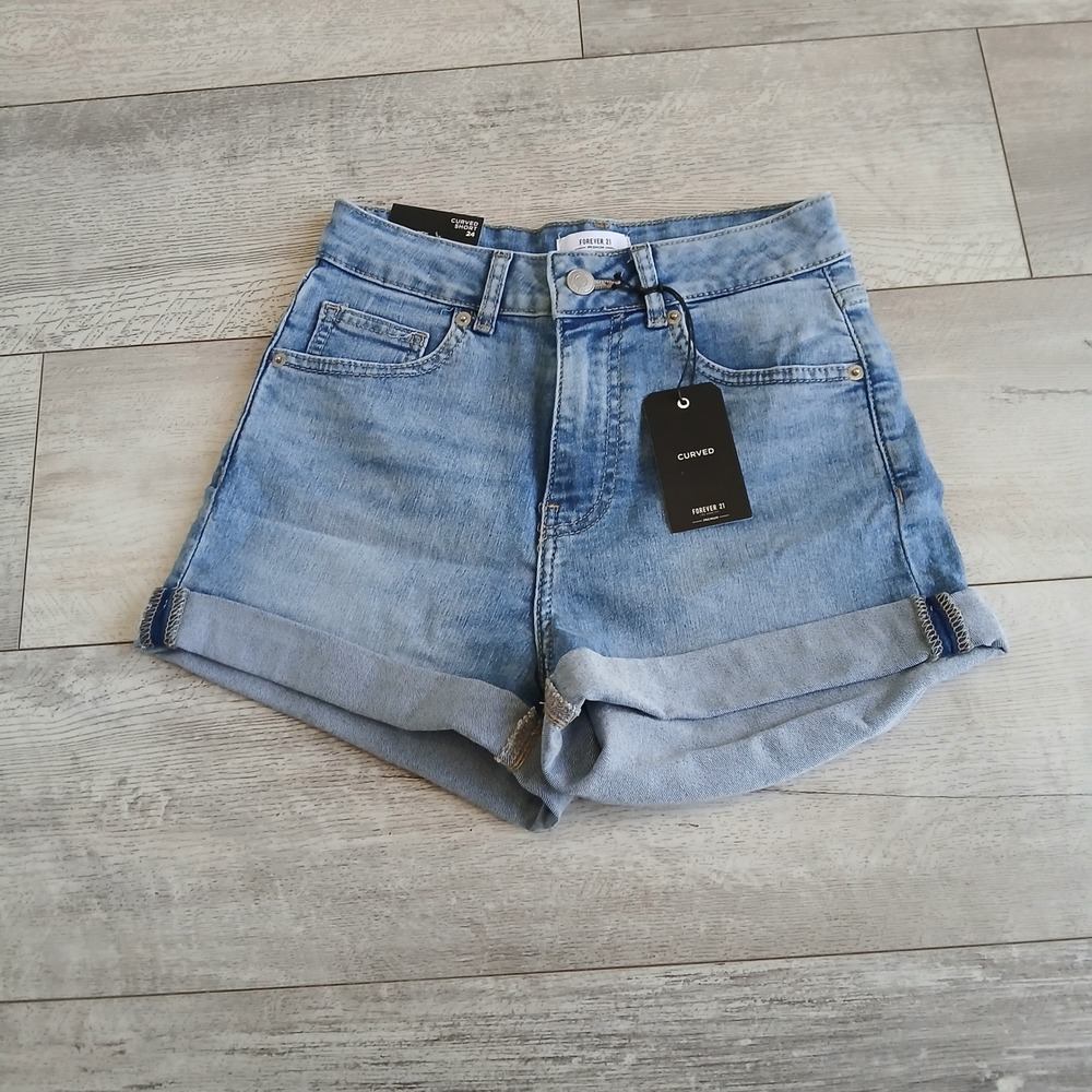 Forever 21 Premium Denim Shorts Size 24 High Rise Curvy‎ Fit Cuffed Hem Blue